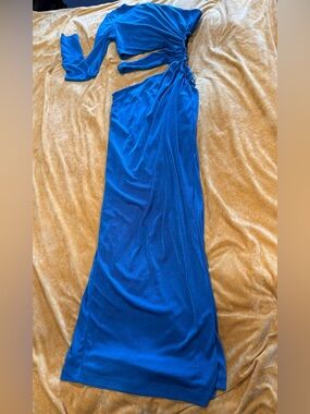 San Sloane Mika One Sleeve Cut Out Blue Maxi Dress with Side Tie